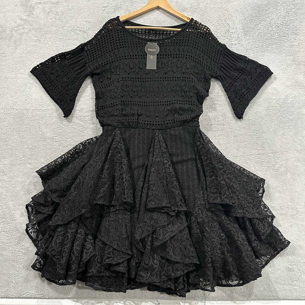 NWT SisJuly Midi Dress Women 2XL Black Crochet Lace Boho Layered Flare Whimsy